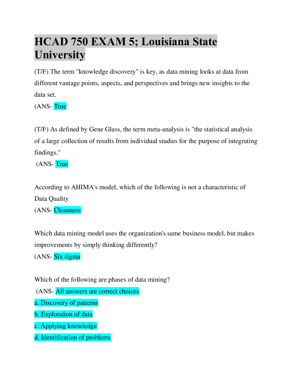 Preview of HCAD 750 EXAM 5; Louisiana State University/Questions & Answers
